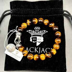 Blackjack BJB244BTE Mens Genuine 10mm Tiger Eye Stainless Steel Beaded Bracelet